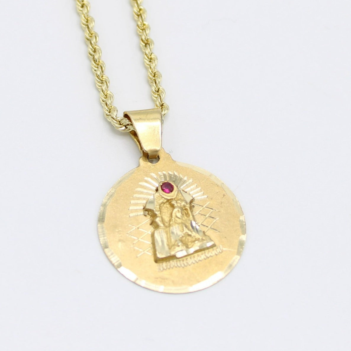 14K Maria Virgen Pendant with Hollow Rope Chain Yellow Gold