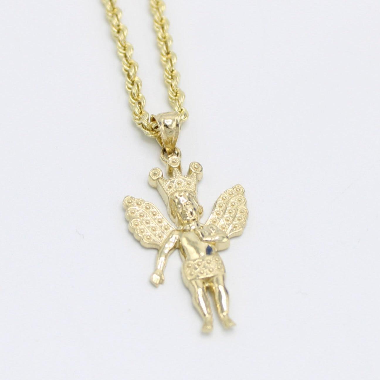 14K Angel Pendant with Hollow Rope Chain Yellow Gold