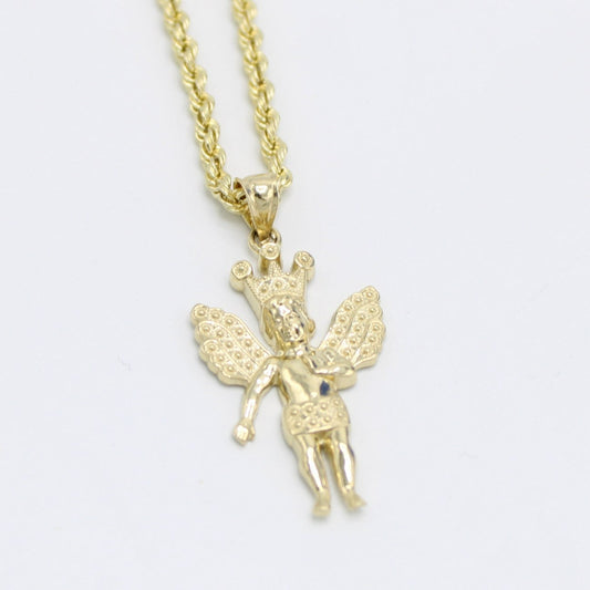 14K Angel Pendant with Hollow Rope Chain Yellow Gold