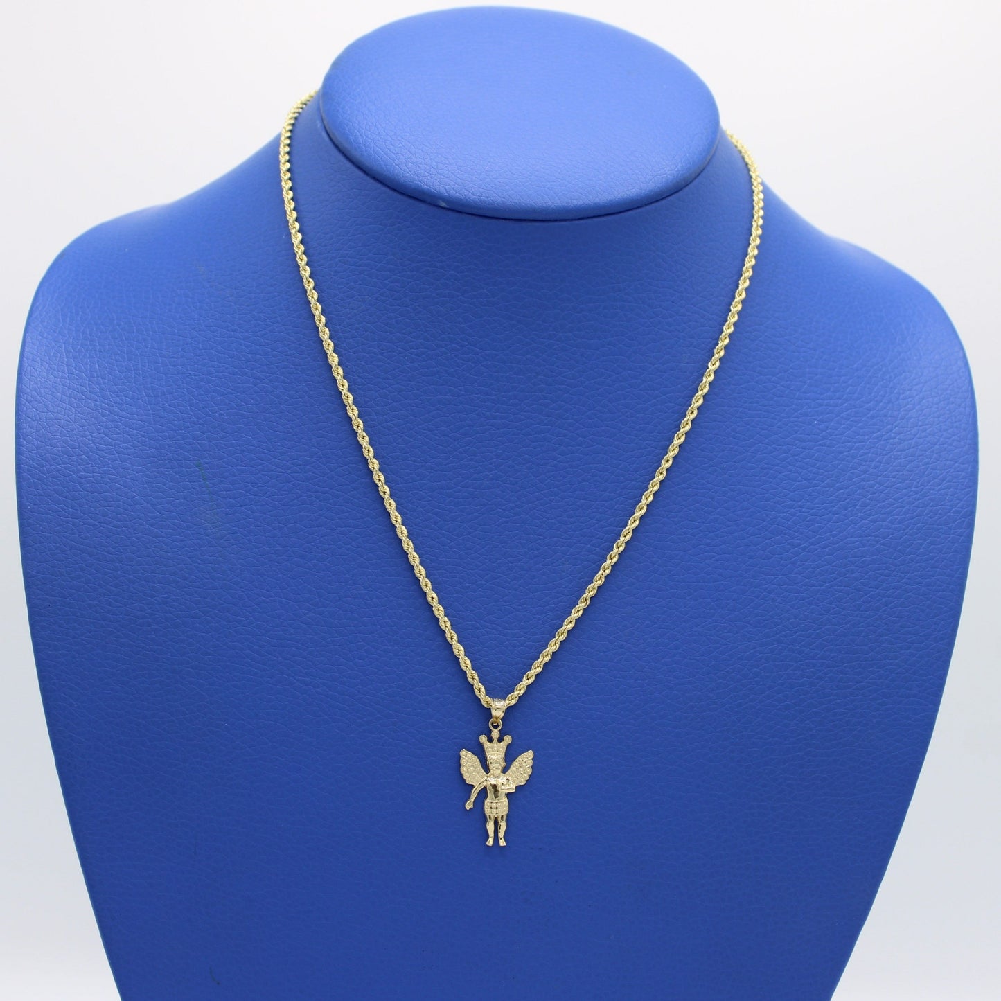 14K Angel Pendant with Hollow Rope Chain Yellow Gold