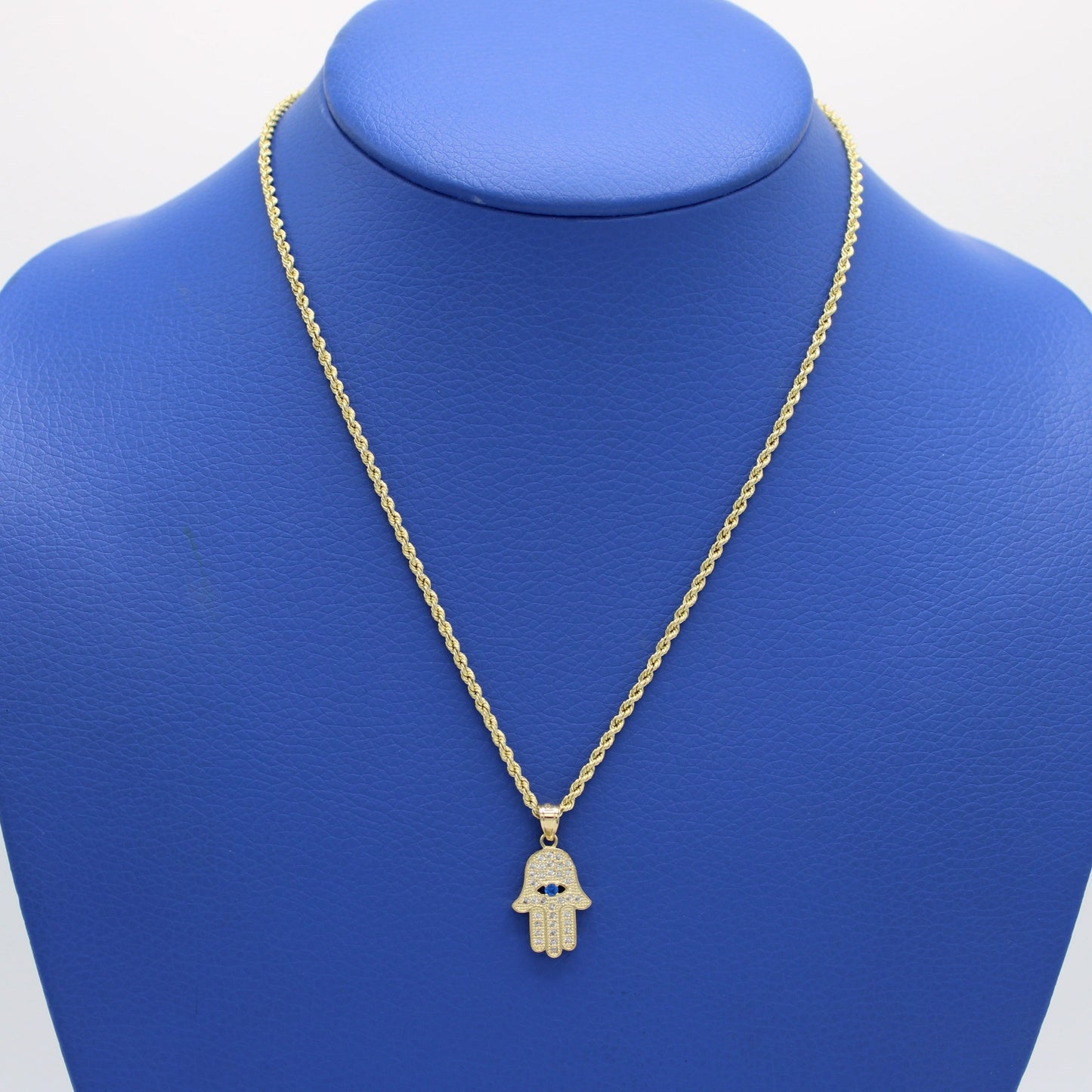 14K Hamsa Pendant Cz with Hollow Rope Chain Yellow Gold