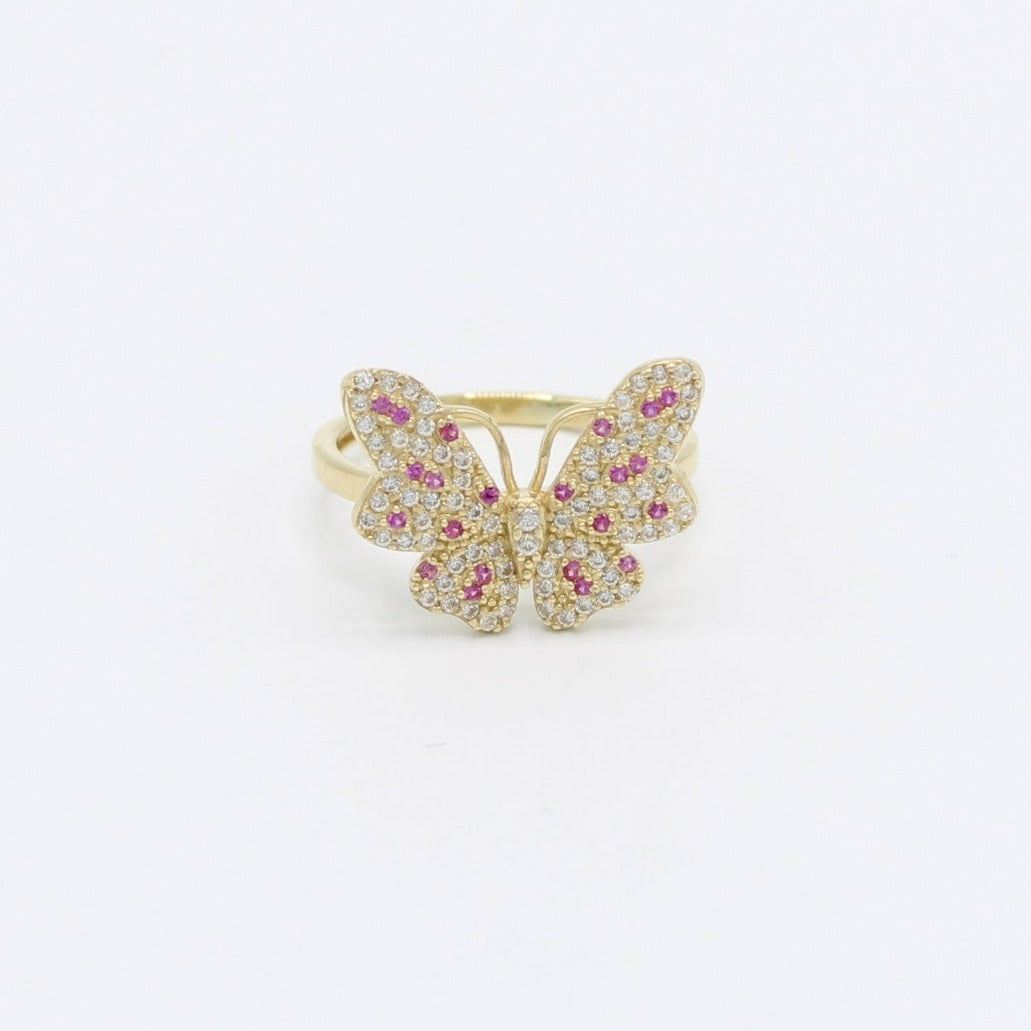 14K Butterfly Women's Ring Cz Stones Yellow Gold