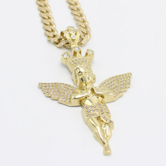 14K Angel Pendant with Full Cz Hollow Ittallo Chain Yellow Gold