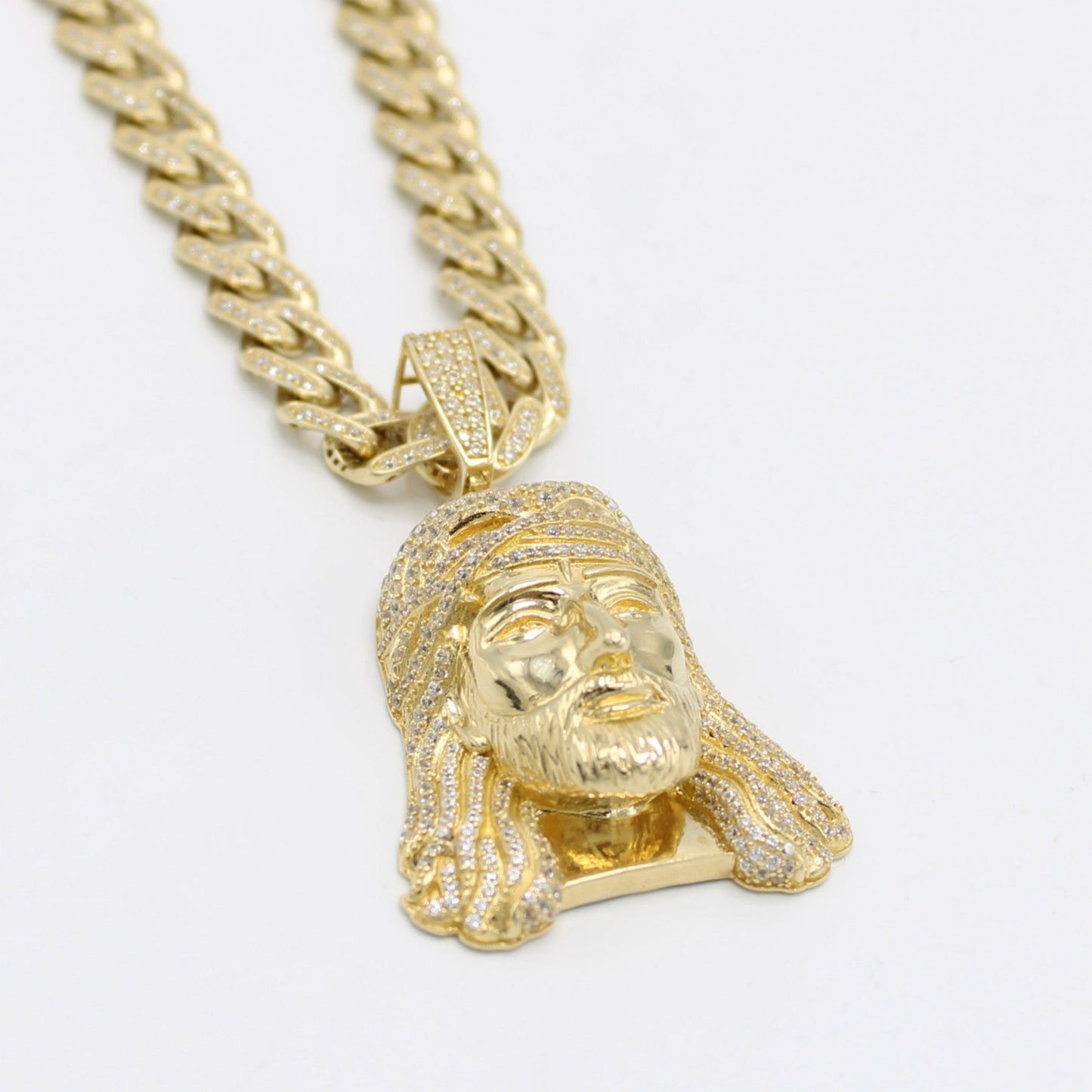 14K Jesus Face Cz Pendant with Full Cz Hollow Ittallo Chain Yellow Gold