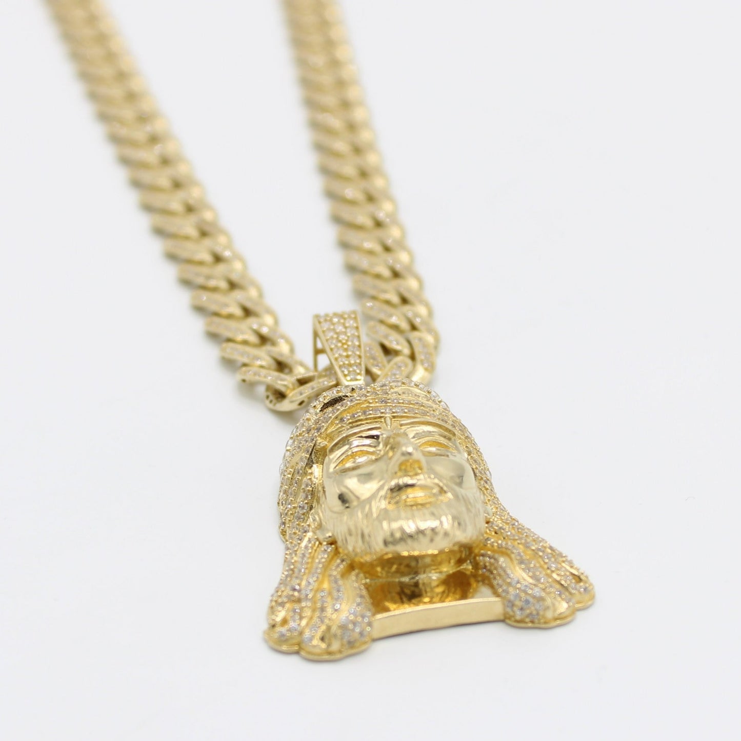 14K Jesus Face Cz Pendant with Full Cz Hollow Ittallo Chain Yellow Gold