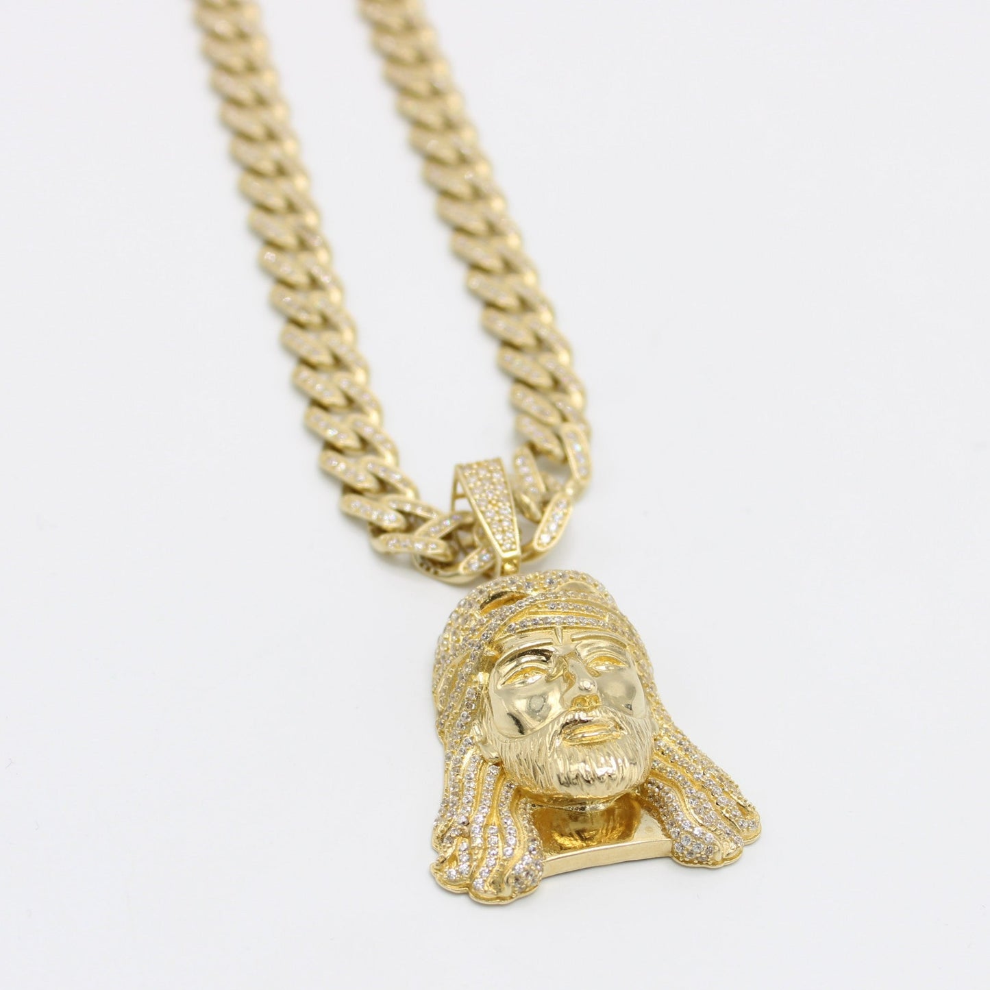 14K Jesus Face Cz Pendant with Full Cz Hollow Ittallo Chain Yellow Gold