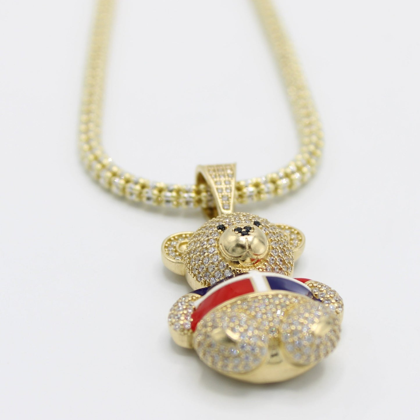 14K Teddy Bear Dominican Flag Pendant with Ice Chain Yellow Gold