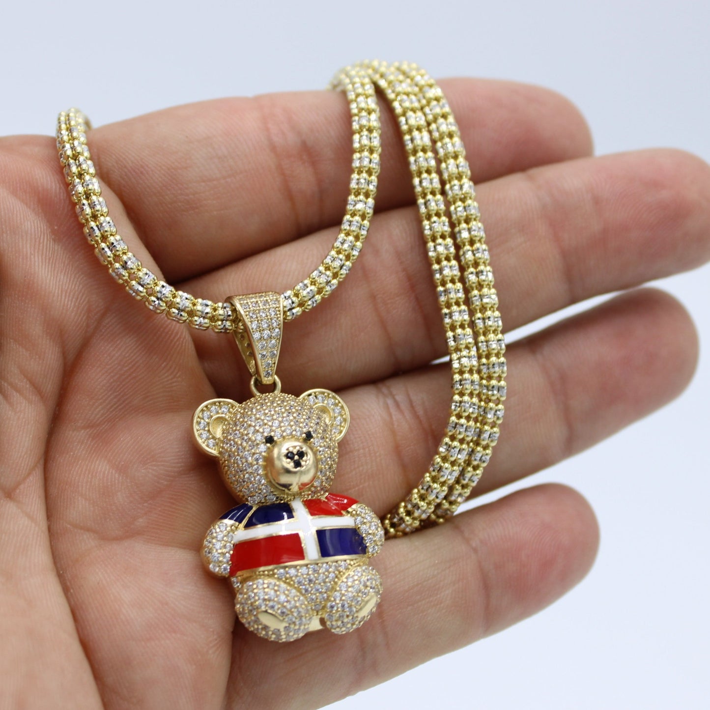 14K Teddy Bear Dominican Flag Pendant with Ice Chain Yellow Gold