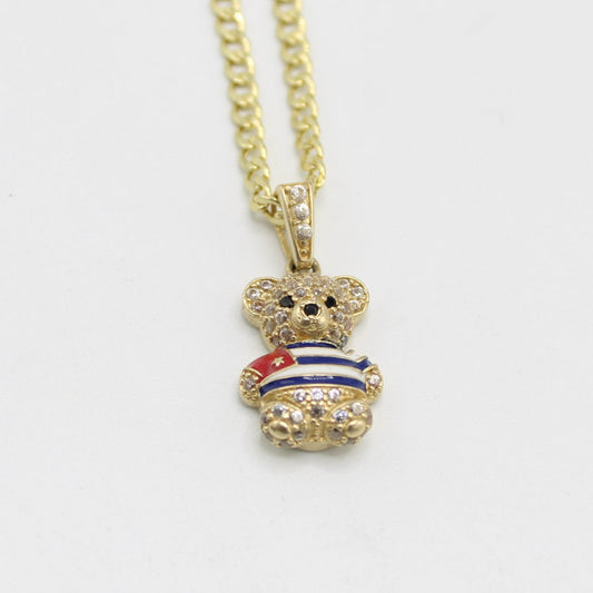 14K Teddy Bear Cuban Flag  Pendant with Semi-Solid Cuban Chain (18 ")