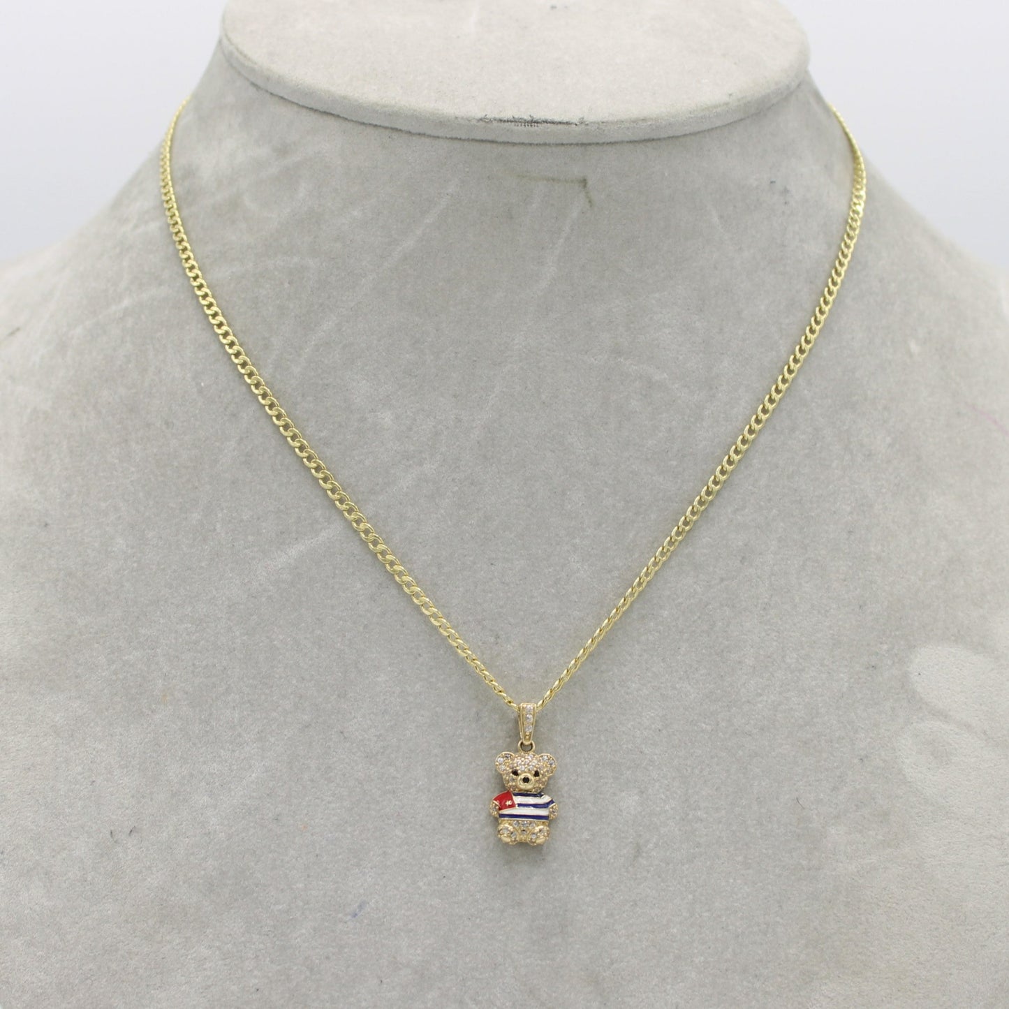 14K Teddy Bear Cuban Flag  Pendant with Semi-Solid Cuban Chain (18 ")