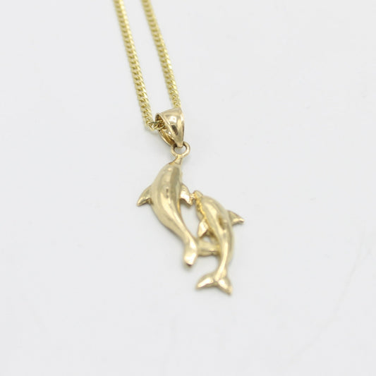 14K Dolphin Pendant with Solid Flat Cuban Chain (18 ")