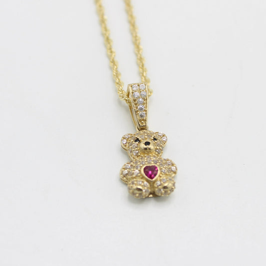 14K Teddy Bear (Birthstone July ) Pendant With Hollow Rope Chain (18 ")