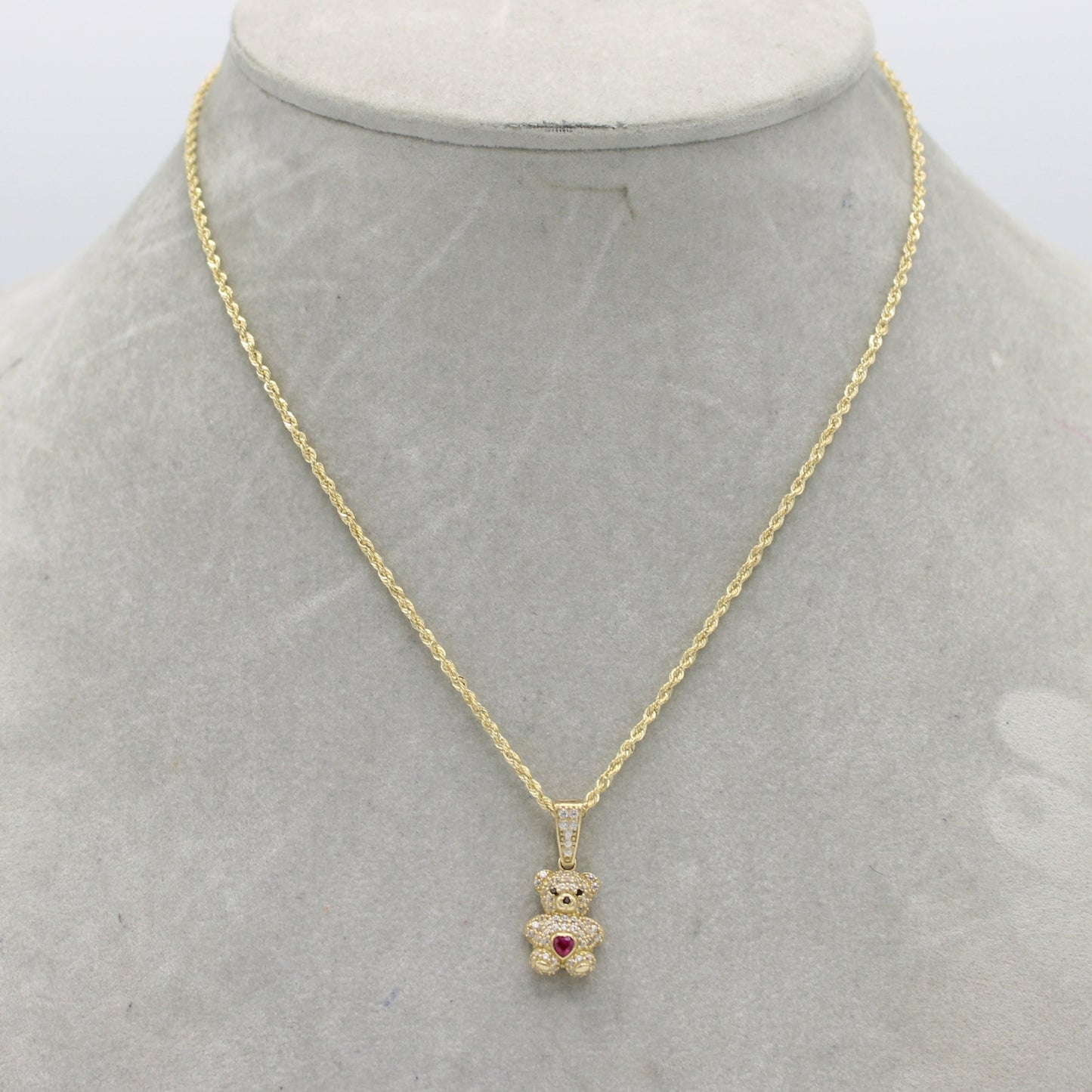 14K Teddy Bear (Birthstone July ) Pendant With Hollow Rope Chain (18 ")
