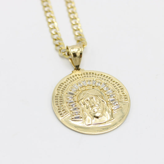 14k Jesus Face Pendant Stone with Semi-Solid flat Cuban Chain Two Tones Yellow Gold