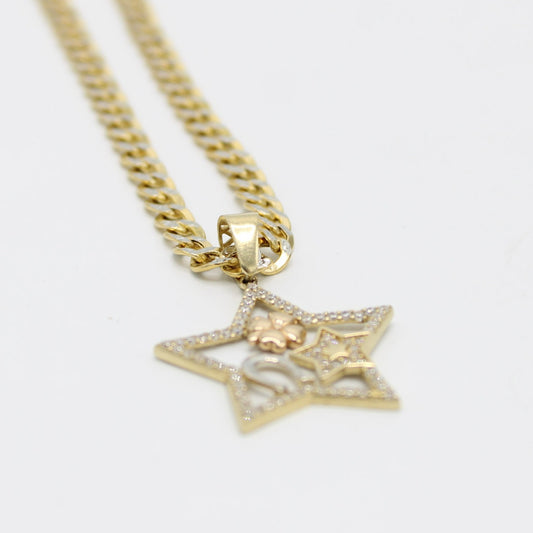 14K Star Pendant Stone with Semi-Solid flat Cuban Chain Yellow Gold