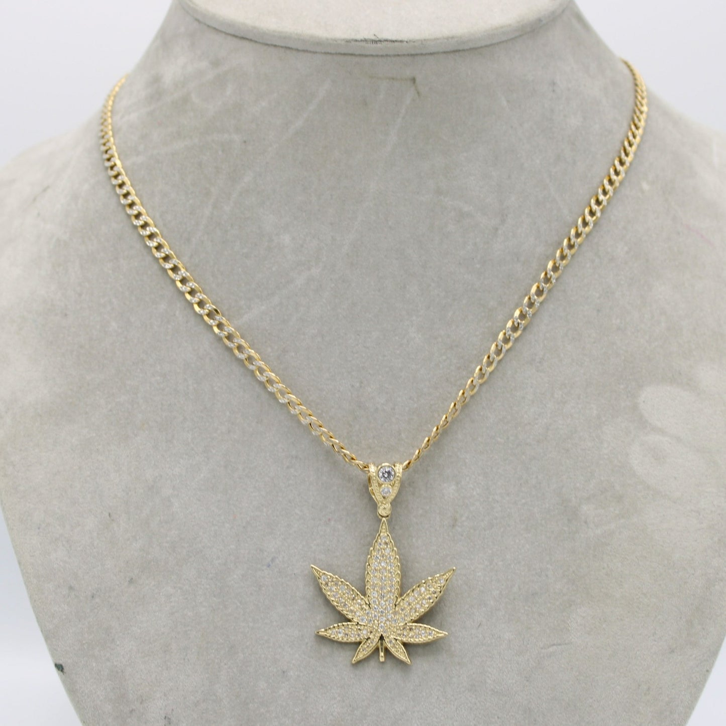 14K Weed Cz Pendant Stone with Semi-Solid flat Cuban Chain Yellow Gold