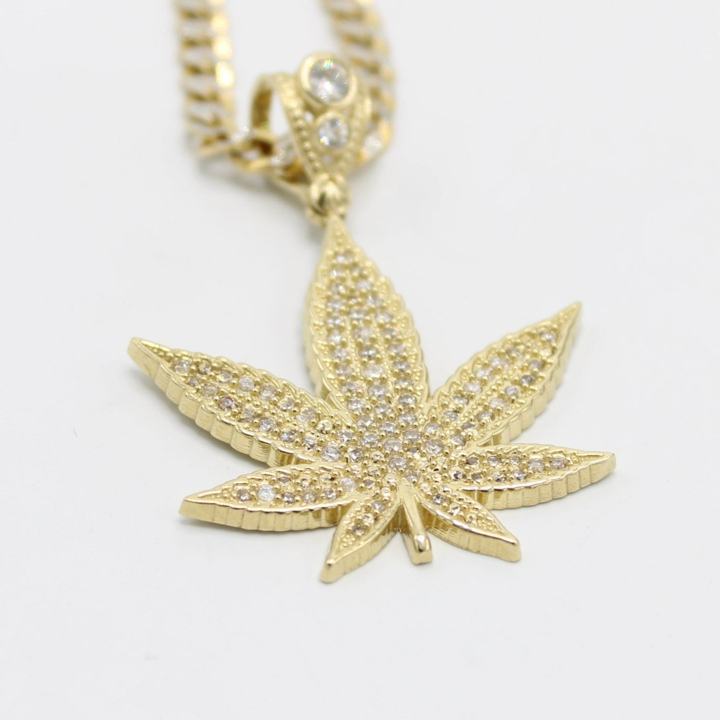 14K Weed Cz Pendant Stone with Semi-Solid flat Cuban Chain Yellow Gold