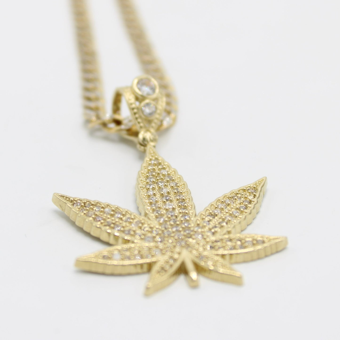 14K Weed Cz Pendant Stone with Semi-Solid flat Cuban Chain Yellow Gold