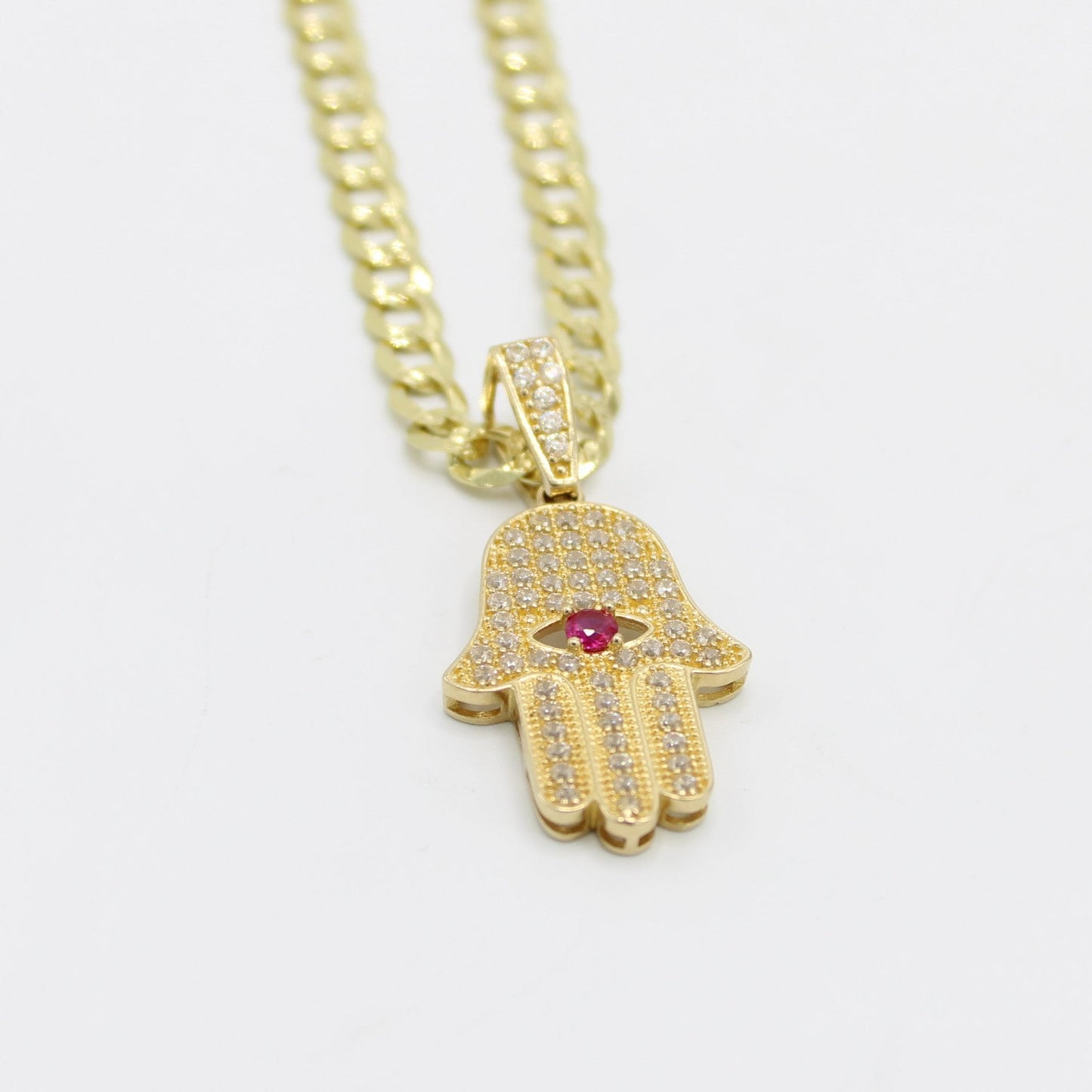 14K Hamsa Cz Pendant (Pink) Stone with Solid flat Cuban Chain Yellow Gold