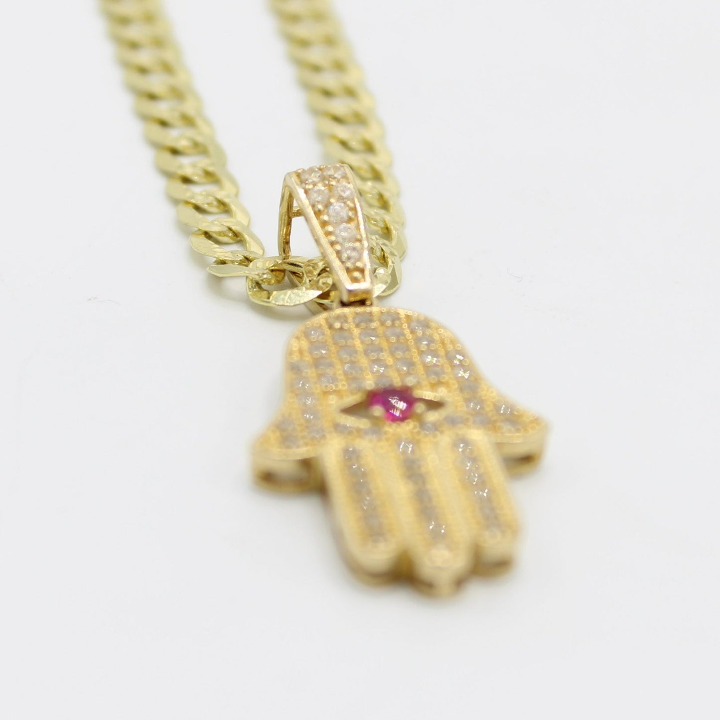 14K Hamsa Cz Pendant (Pink) Stone with Solid flat Cuban Chain Yellow Gold