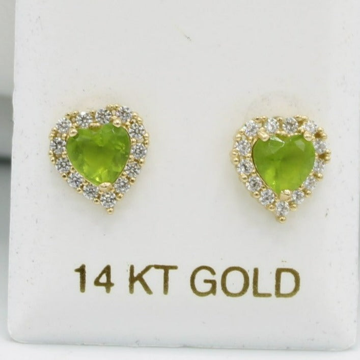 14K Heart❤️Baby Girl Earring Peridot Gem (Birthstone August) Yellow Gold