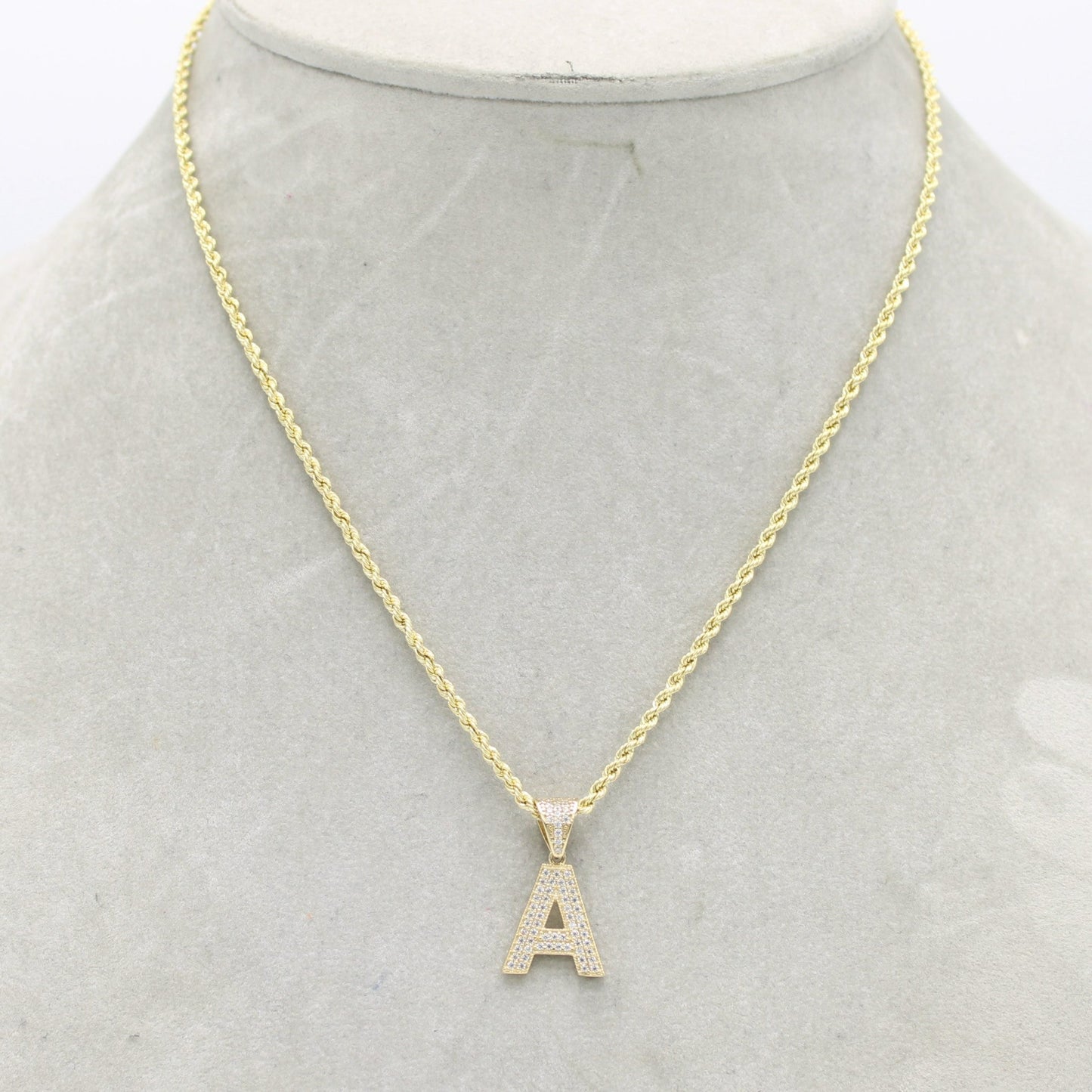 14K Initial letter Name Cz Stones With Rope Chain Yellow Gold