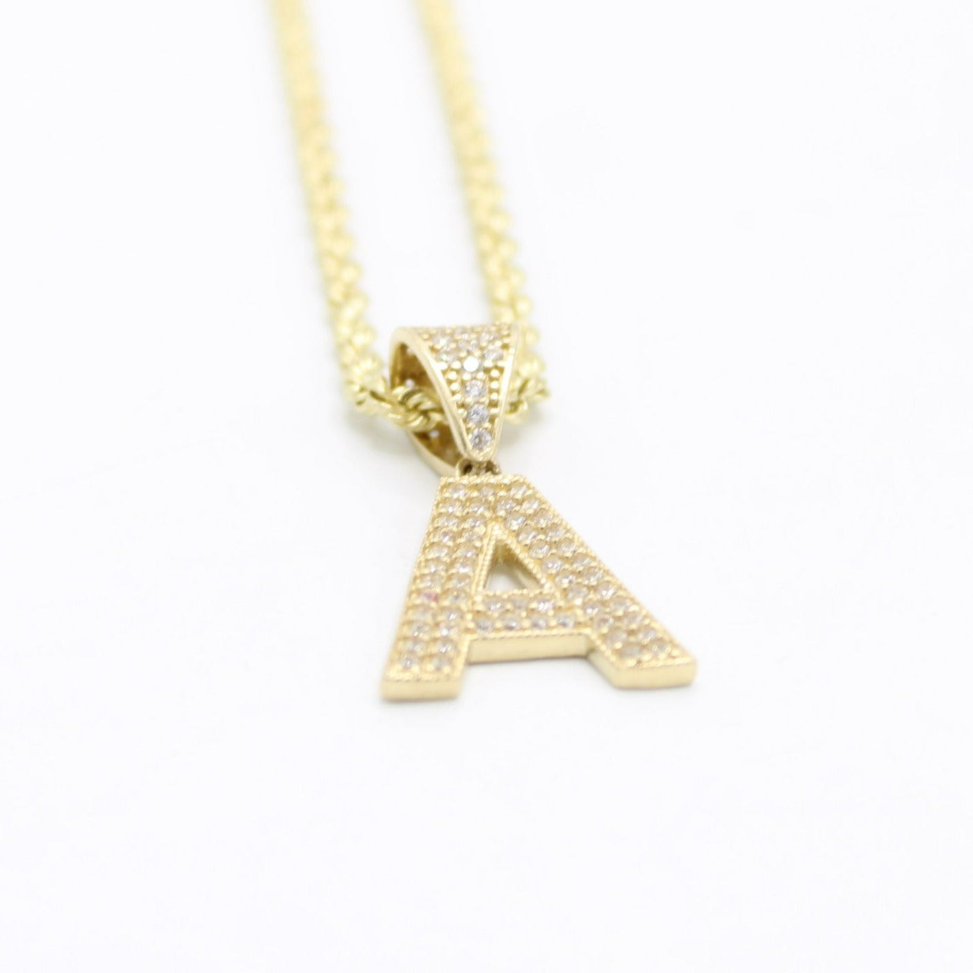 14K Initial letter Name Cz Stones With Rope Chain Yellow Gold