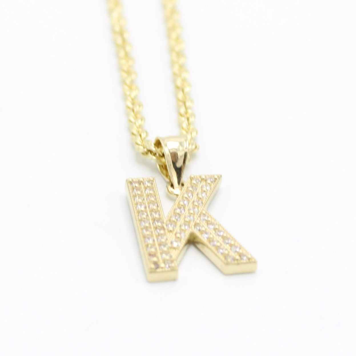 14K Initial letter Name Cz Stones With Rope Chain Yellow Gold