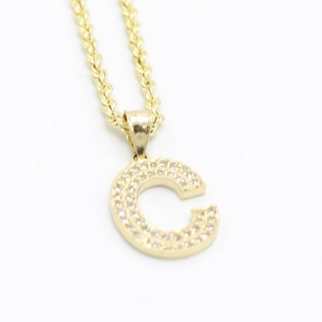 14K Initial letter Name Cz Stones With Rope Chain Yellow Gold