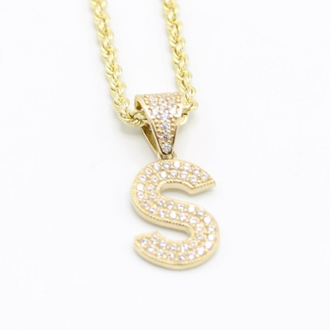 14K Initial letter Name Cz Stones With Rope Chain Yellow Gold