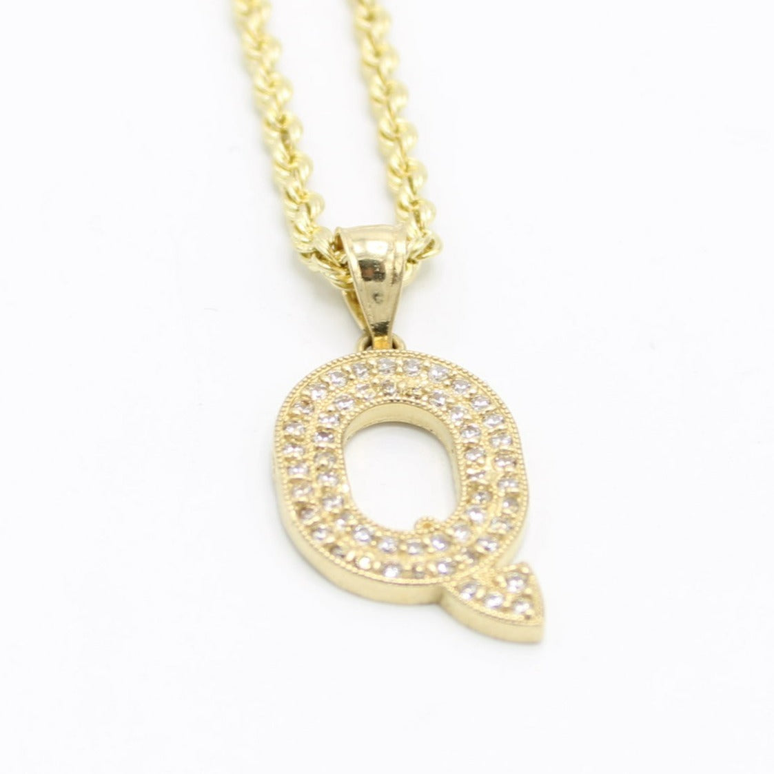 14K Initial letter Name Cz Stones With Rope Chain Yellow Gold