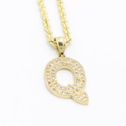 14K Initial letter Name Cz Stones With Rope Chain Yellow Gold