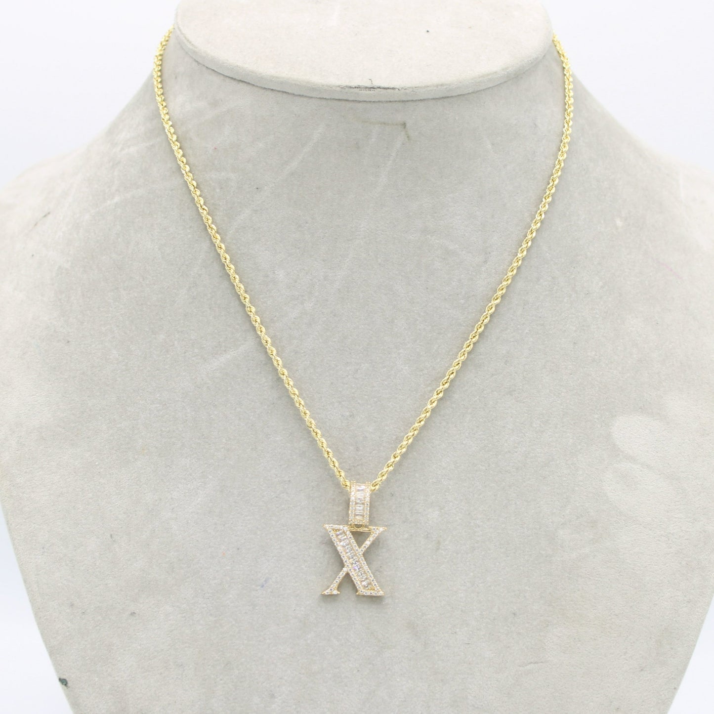 14K Initial ( X ) Letter Name Cz Stones / Baguette With Rope Chain Yellow Gold