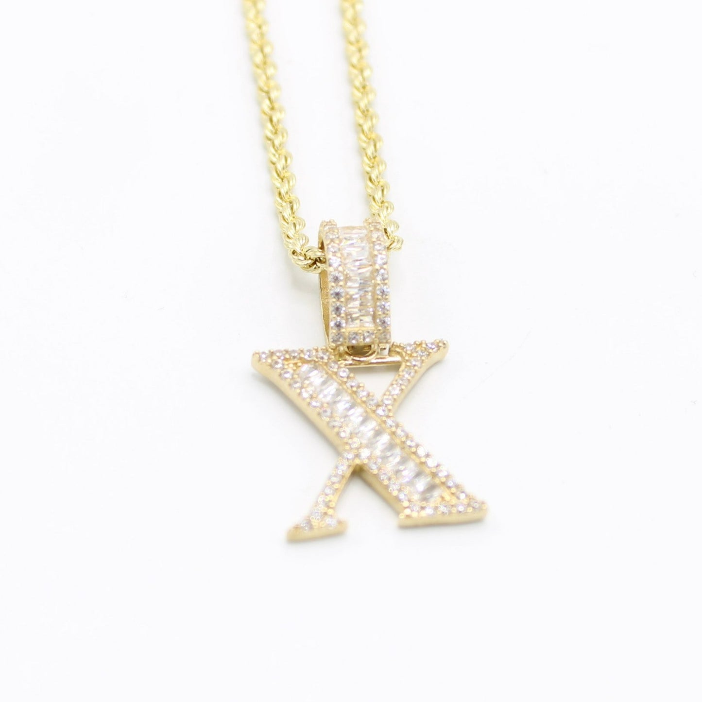 14K Initial ( X ) Letter Name Cz Stones / Baguette With Rope Chain Yellow Gold