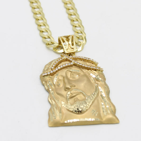 14K Jesus Face (Jumbo) Cz Stones with Solid Flat Cuban Chain Yellow Gold