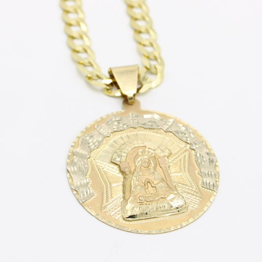 14K Virgen Maria Pendant with Solid Flat Cuban Chain Yellow Gold