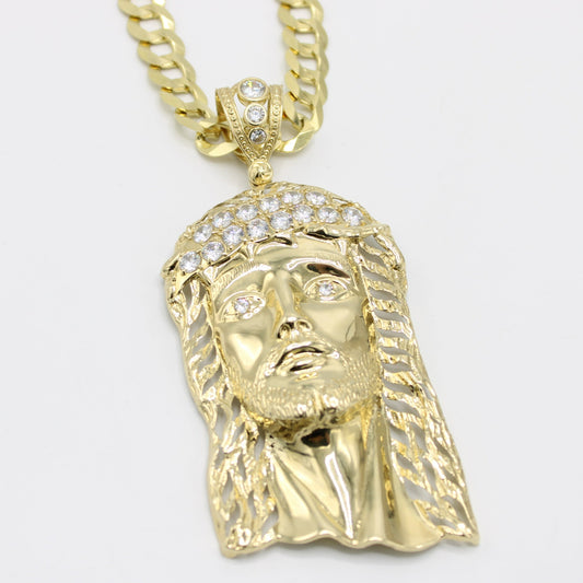 14K Big Jesus Face Pendant Cz Stones with Solid Flat Cuban Chain Yellow Gold