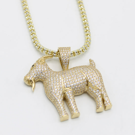 14K Goat Pendant with Ice Chain Yellow Gold