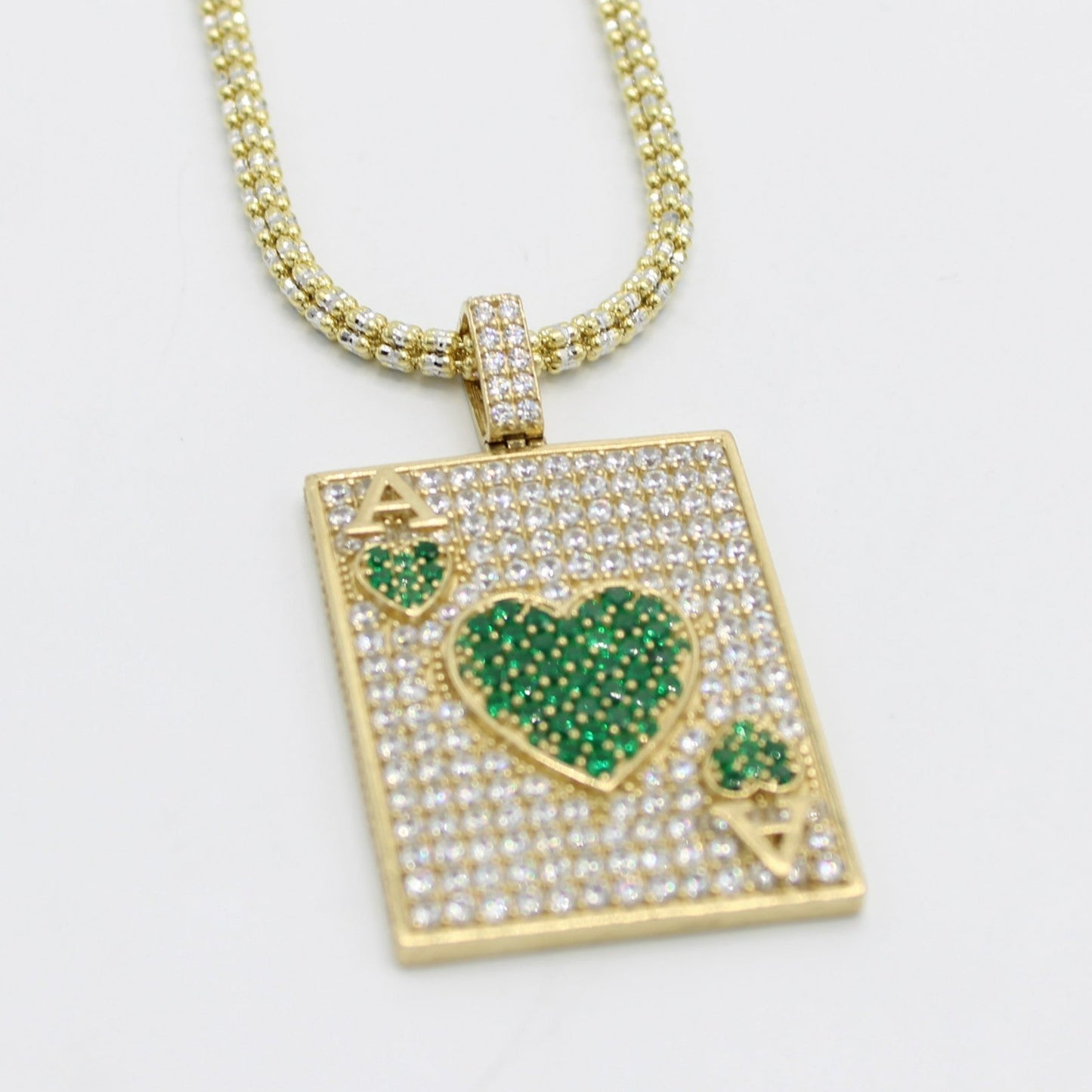 14k Ace Of Hearts Pendant with Ice Chain Yellow Gold