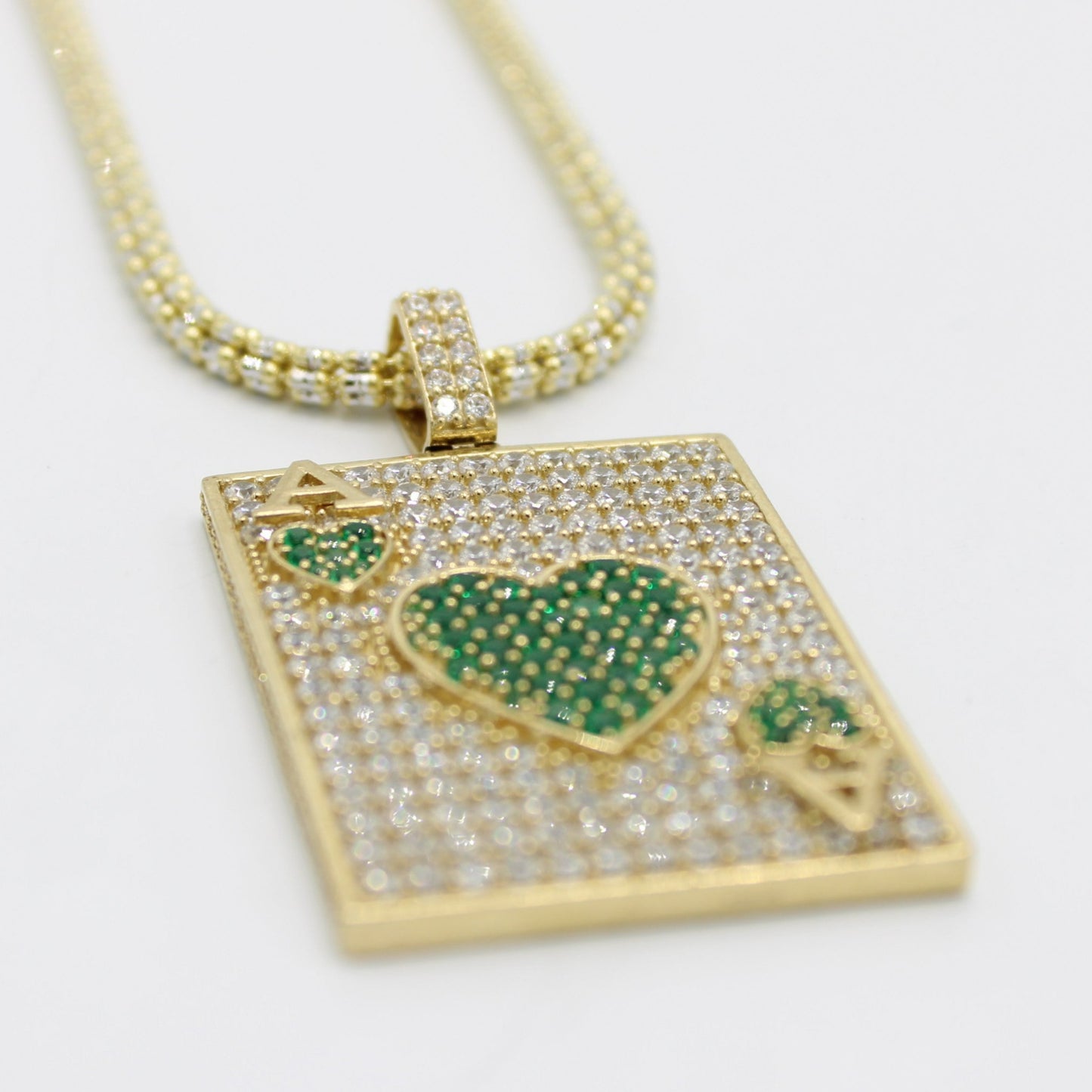 14k Ace Of Hearts Pendant with Ice Chain Yellow Gold