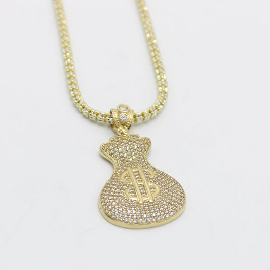 14k Money Bag Pendant with Ice Chain Yellow Gold