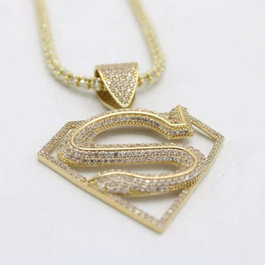 14K SuperMan Pendant with Ice Chain Yellow Gold