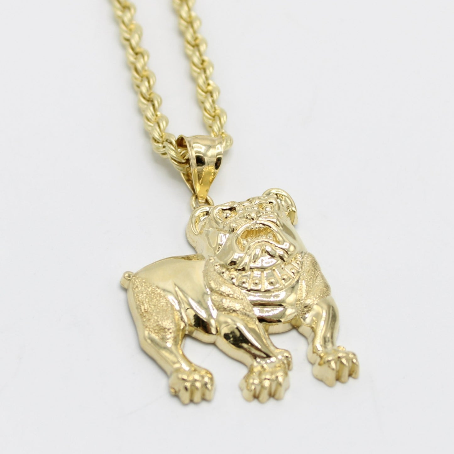 14K Bulldog Pendant with Rope Chain Yellow Gold