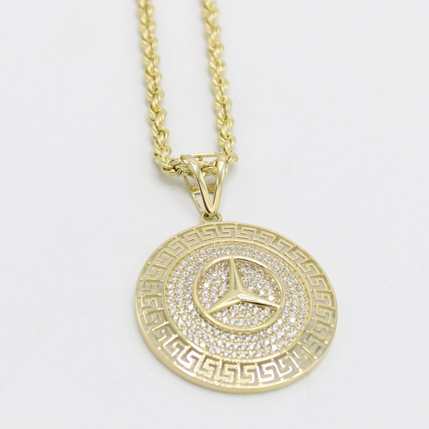 14K Round Fancy Cz Stones Pendant with Rope Chain Yellow Gold