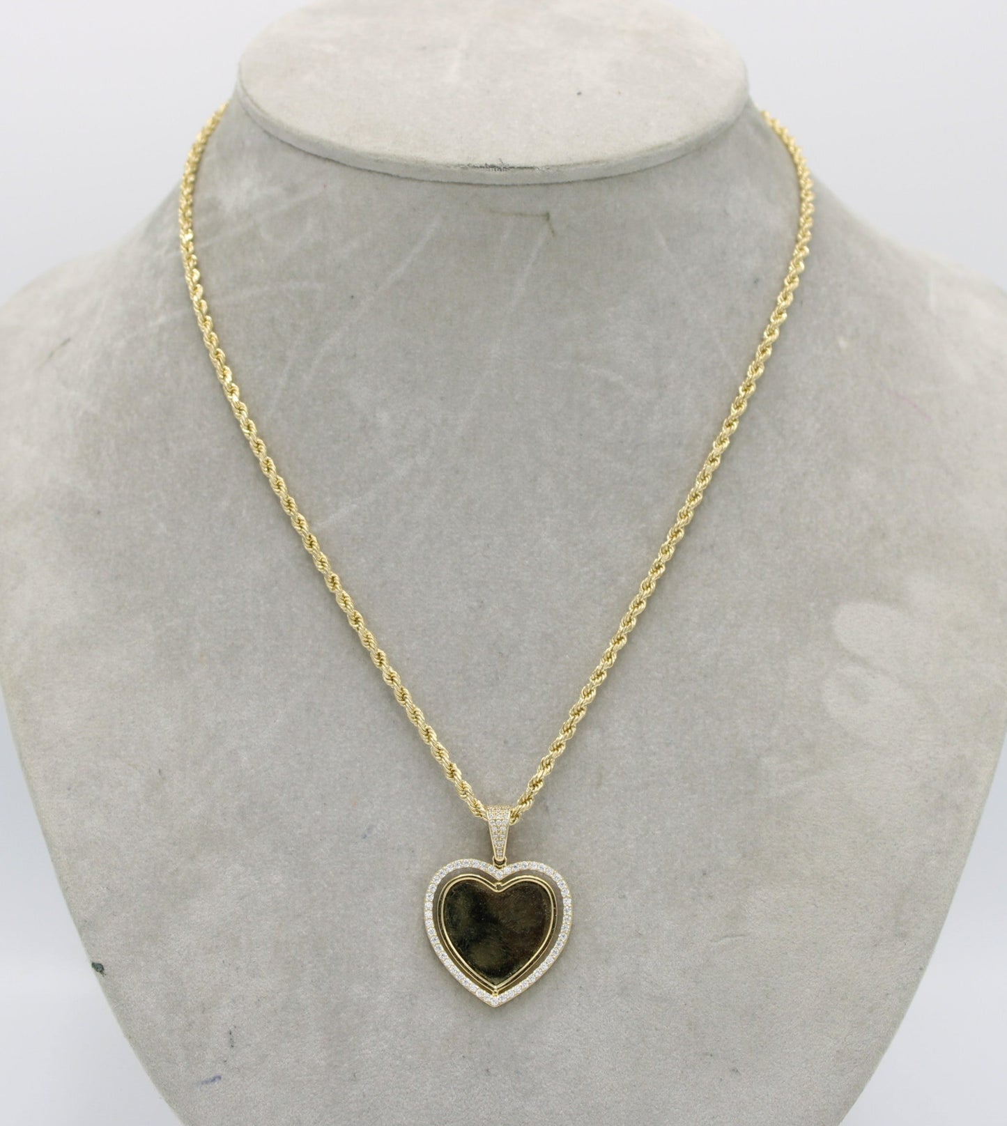 14k  Heart Picture Pendant Cz Stones with Rope Chain Yellow Gold