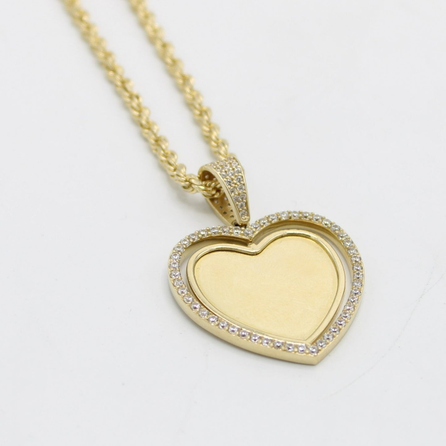 14k  Heart Picture Pendant Cz Stones with Rope Chain Yellow Gold