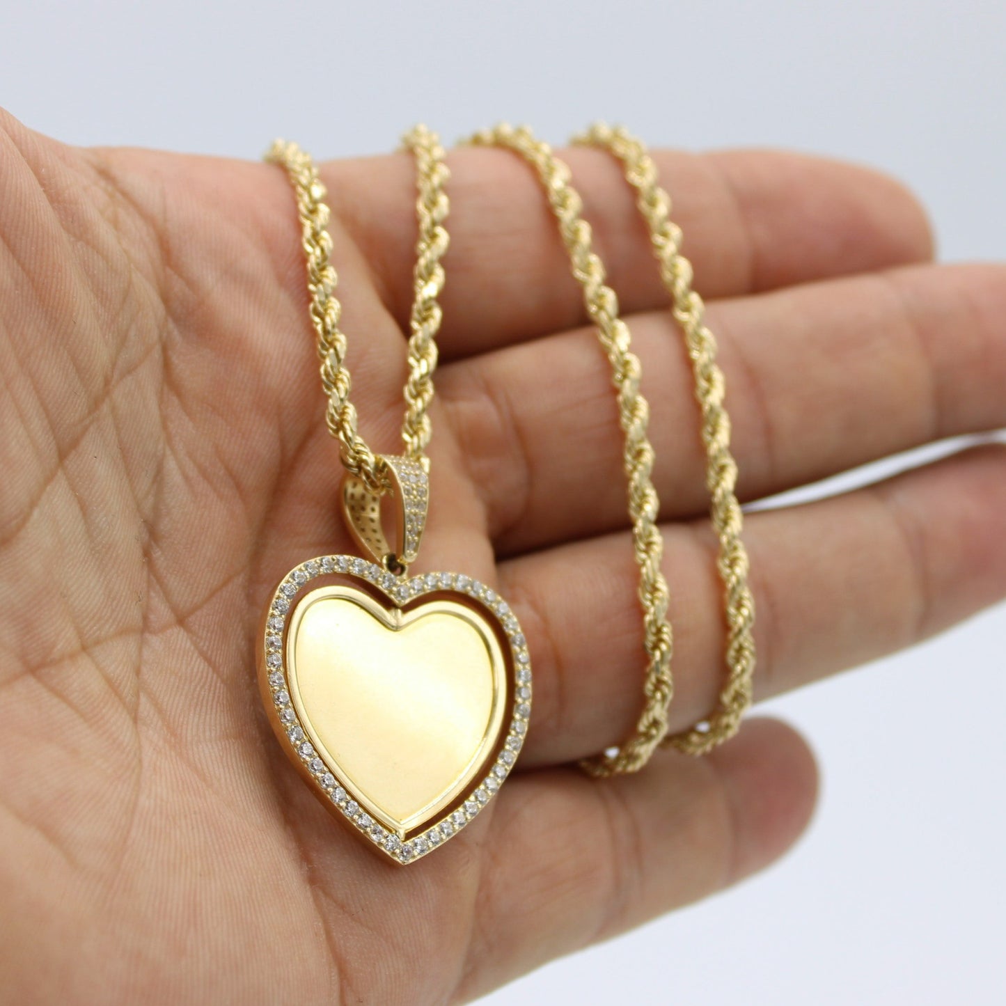 14k  Heart Picture Pendant Cz Stones with Rope Chain Yellow Gold