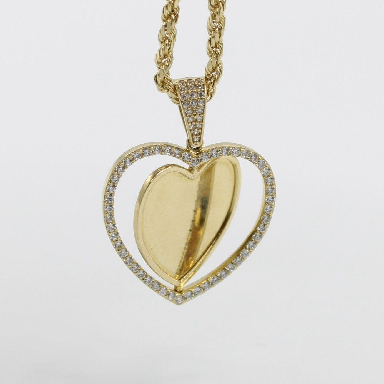 14k  Heart Picture Pendant Cz Stones with Rope Chain Yellow Gold