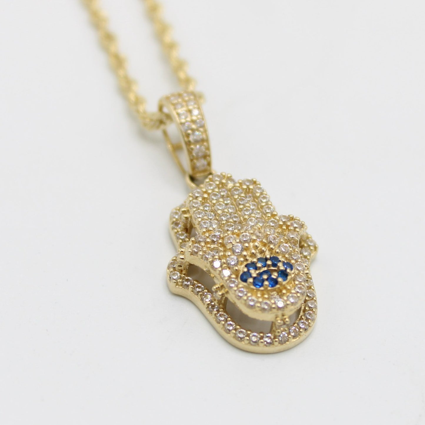 14K Hamsa Pendant Cz Stones with Rope Chain Yellow Gold