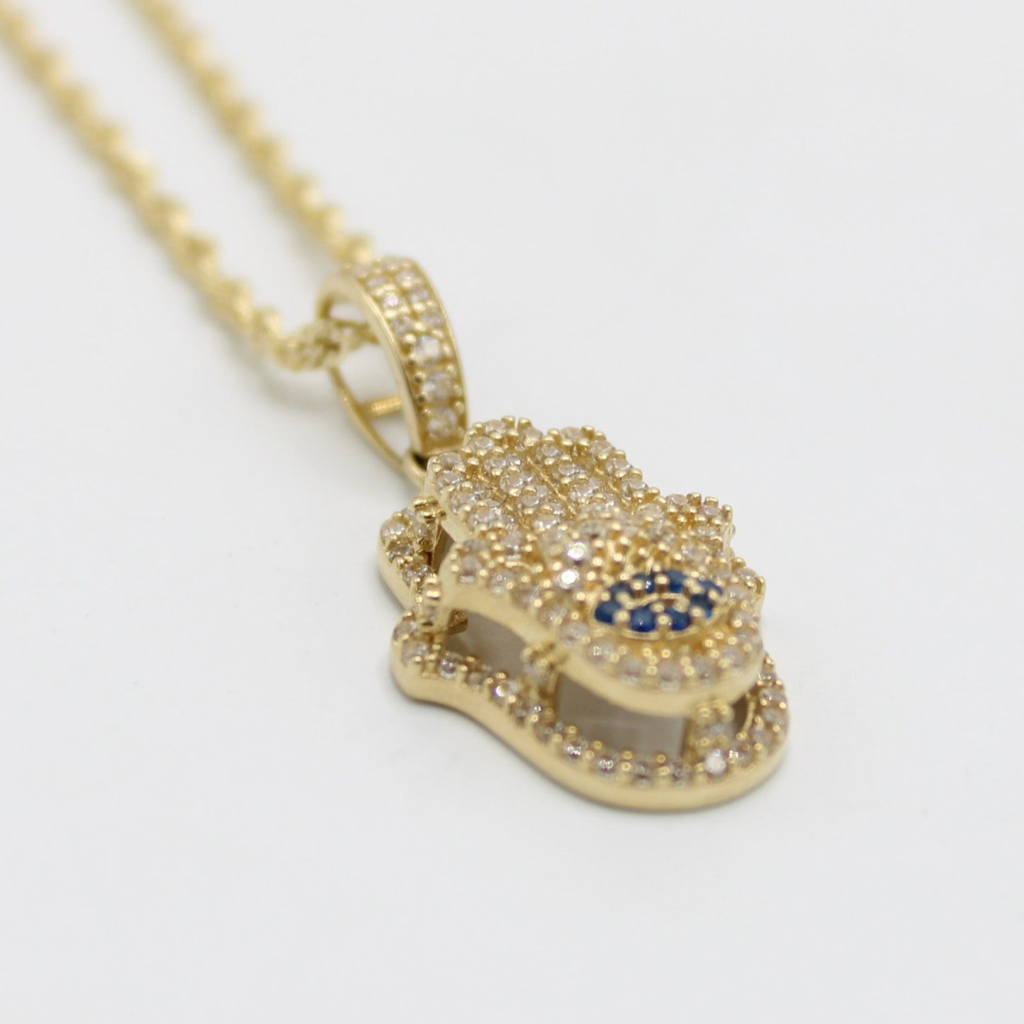 14K Hamsa Pendant Cz Stones with Rope Chain Yellow Gold